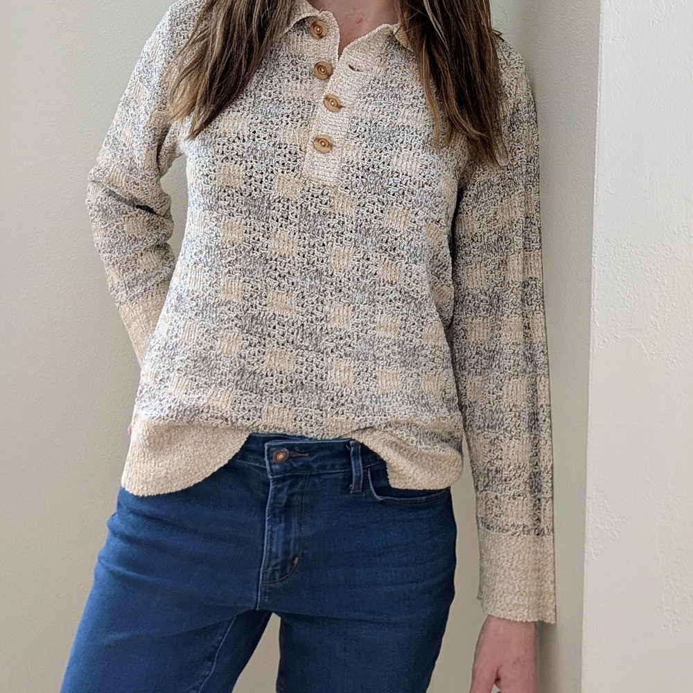 Vintage Preppy Neutral Checkered 1/4 Button Down Henley Sweater In Ivory/Gray
